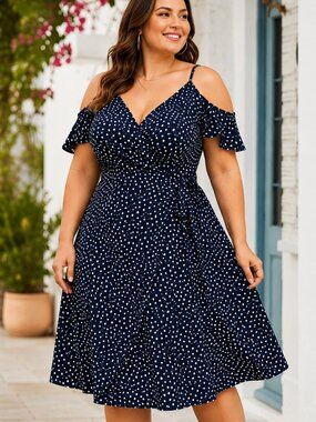 City Chic Navy Polka Dot Wrap Dress – XXL / Size 24.